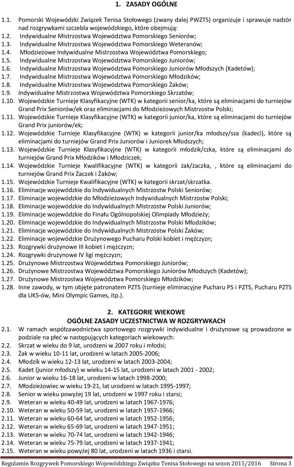 Indywidualne Mistrzostwa Województwa Pomorskiego Juniorów; 1.6. Indywidualne Mistrzostwa Województwa Pomorskiego Juniorów Młodszych (Kadetów); 1.7.