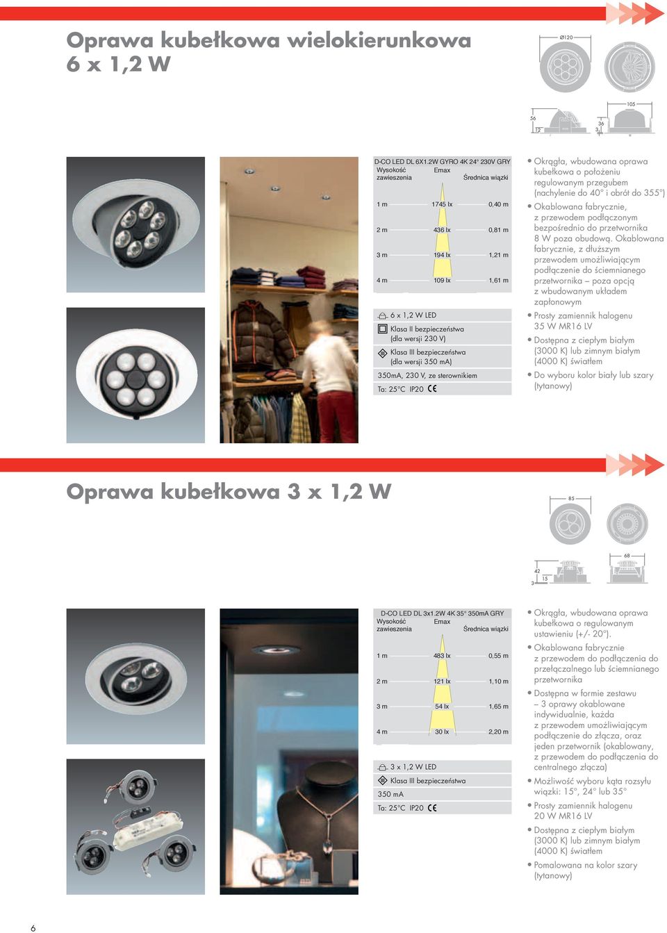 III bezpieczeństwa (dla wersji 350 ma) 350mA, 230 V, ze sterownikiem Ta: 25 C IP20 Ø105 Okrągła, wbudowana oprawa kubełkowa o położeniu regulowanym przegubem (nachylenie do 40 i obrót do 355 )