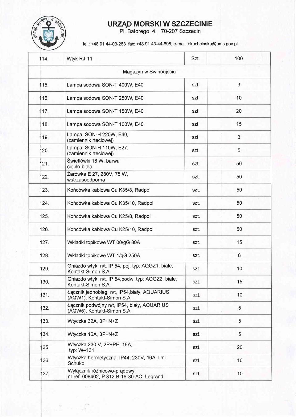 121 122 Lampa SON-H 220W,E40, (zamiennik rtgciowej) Lampa SON-H 110W,E27, (zamiennik rtgciowej) Swietlowki 18 W, barwa cieplo-biala ZarowkaE27,280V,75W, wstrzqsoodporna szt.? szt. 5 szt. 50 szt.