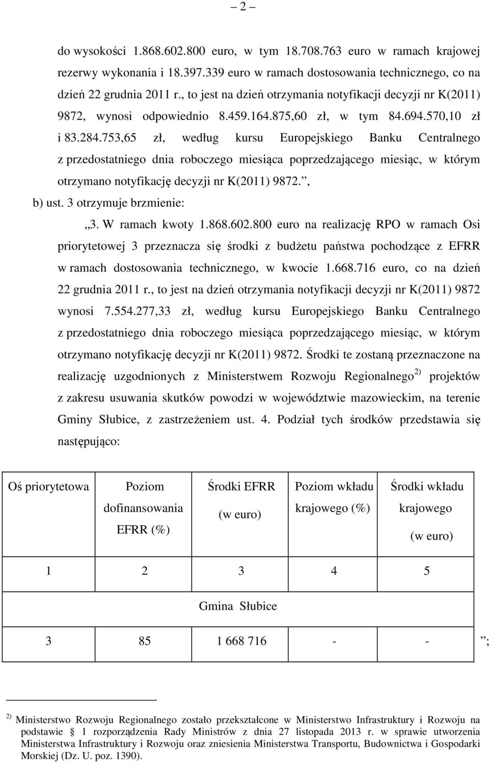 753,65 zł, według kursu Europejskiego Banku Centralnego z przedostatniego dnia roboczego miesiąca poprzedzającego miesiąc, w którym otrzymano notyfikację decyzji nr K(2011) 9872., b) ust.