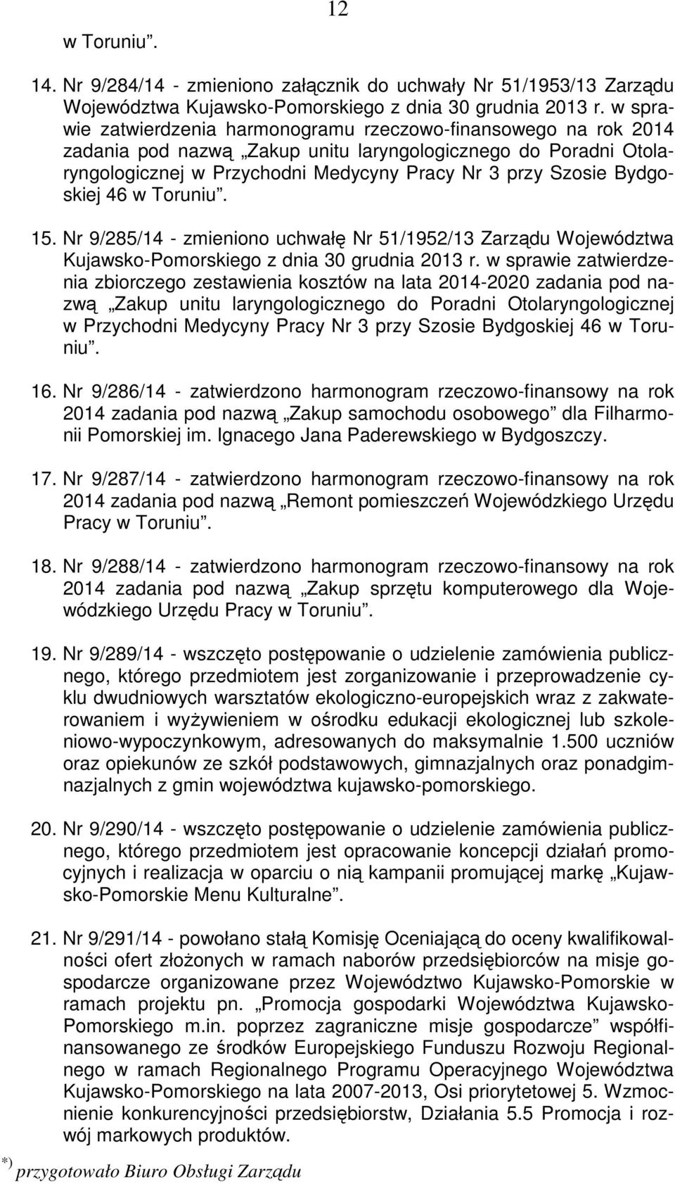 Bydgoskiej 46 w Toruniu. 15. Nr 9/285/14 - zmieniono uchwałę Nr 51/1952/13 Zarządu Województwa Kujawsko-Pomorskiego z dnia 30 grudnia 2013 r.
