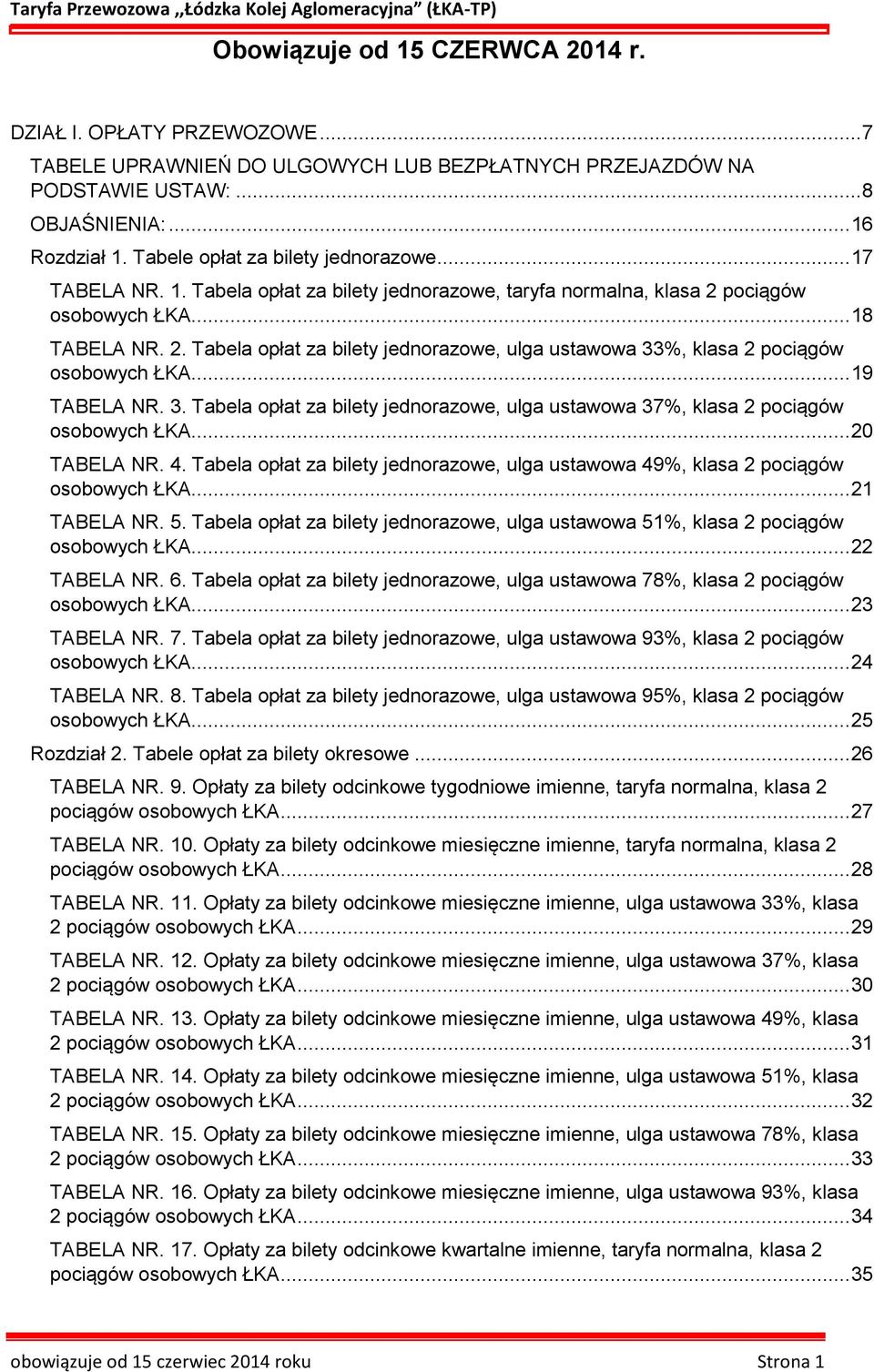 pociągów osobowych ŁKA... 18 TABELA NR. 2. Tabela opłat za bilety jednorazowe, ulga ustawowa 33%, klasa 2 pociągów osobowych ŁKA... 19 TABELA NR. 3. Tabela opłat za bilety jednorazowe, ulga ustawowa 37%, klasa 2 pociągów osobowych ŁKA.