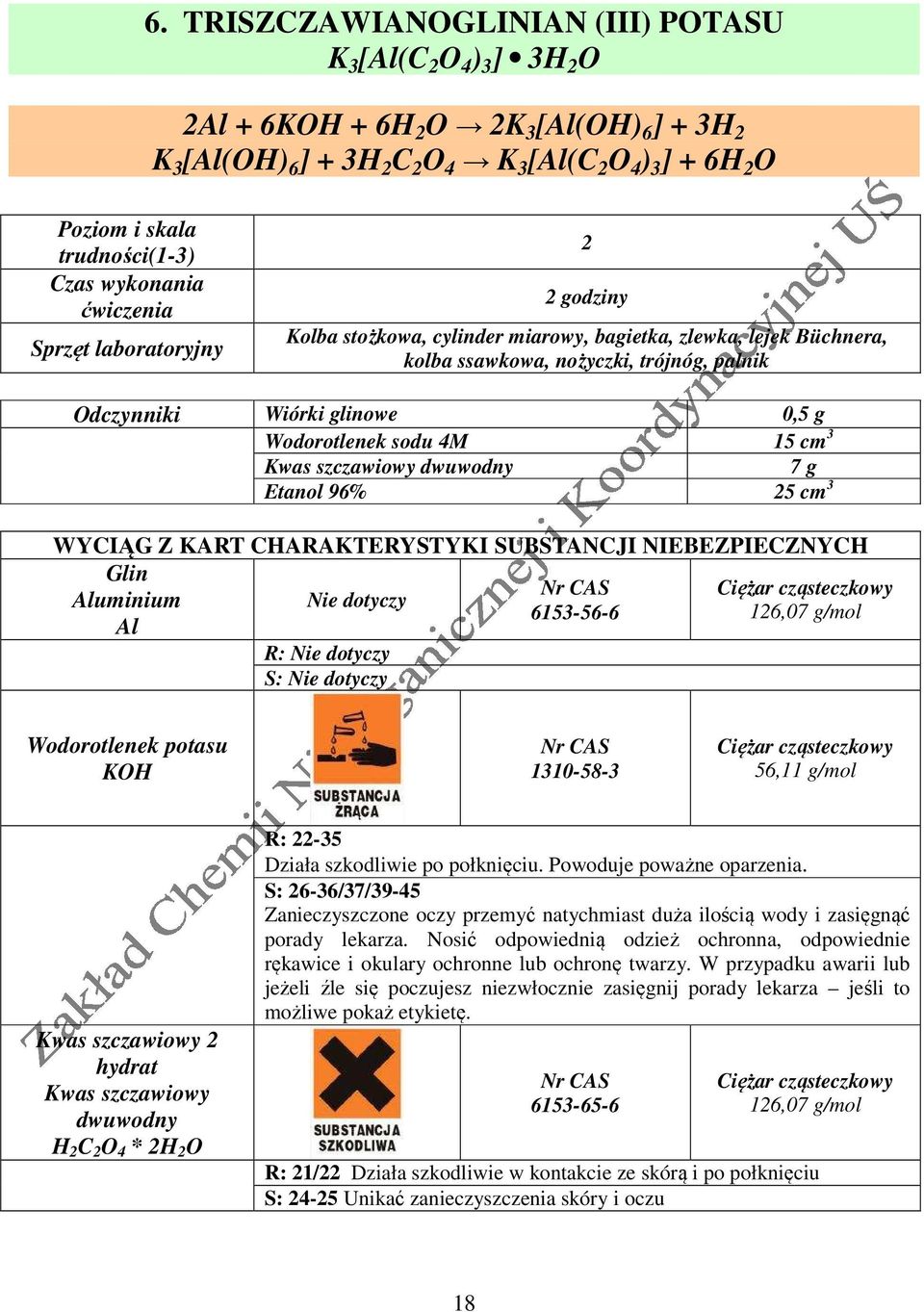 Wiórki glinowe 0,5 g Wodorotlenek sodu 4M 15 cm 3 Kwas szczawiowy dwuwodny 7 g Etanol 96% 25 cm 3 WYCIĄG Z KART CHARAKTERYSTYKI SUBSTANCJI NIEBEZPIECZNYCH Glin Aluminium Nie dotyczy 6153-56-6 126,07