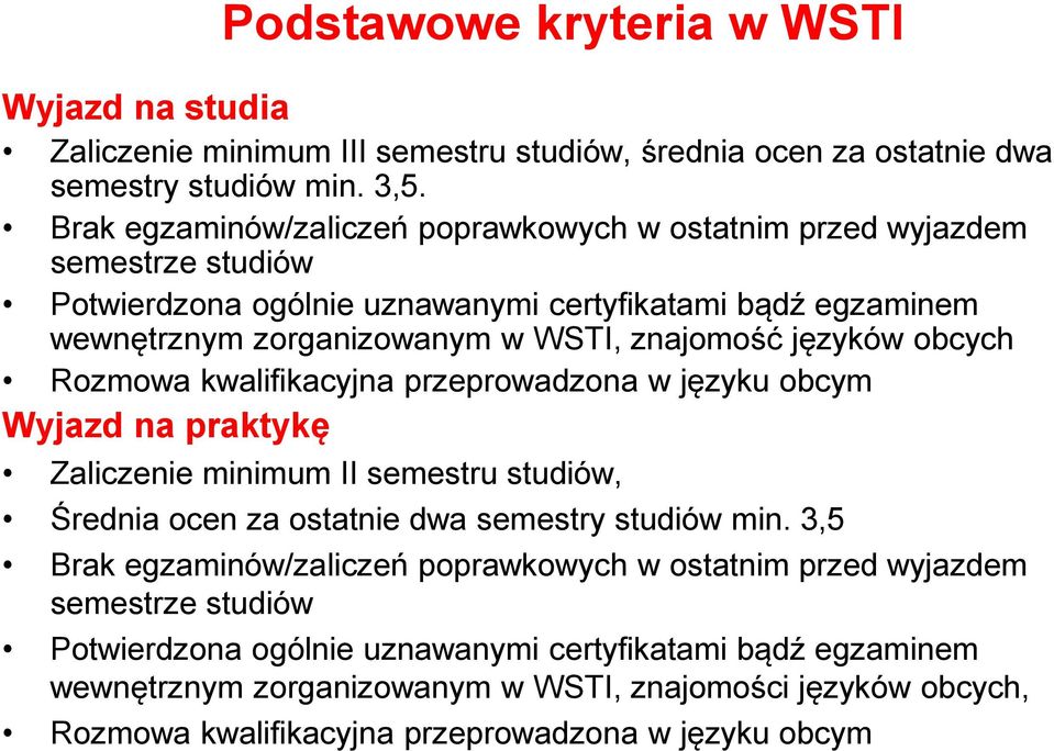 języków obcych Rozmowa kwalifikacyjna przeprowadzona w języku obcym Wyjazd na praktykę Zaliczenie minimum II semestru studiów, Średnia ocen za ostatnie dwa semestry studiów min.