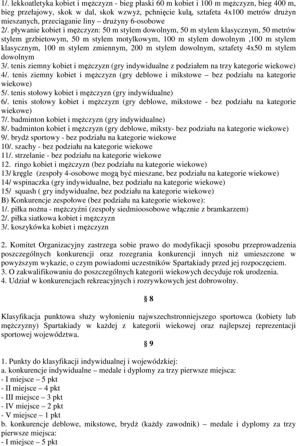 pływanie kobiet i mczyzn: 50 m stylem dowolnym, 50 m stylem klasycznym, 50 metrów stylem grzbietowym, 50 m stylem motylkowym, 100 m stylem dowolnym,100 m stylem klasycznym, 100 m stylem zmiennym, 200