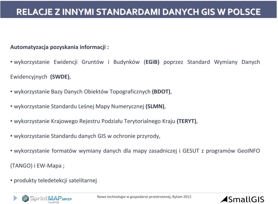 Mapy Numerycznej (SLMN), wykorzystanie Krajowego Rejestru Podziału Terytorialnego Kraju (TERYT), wykorzystanie Standardu danych GIS w ochronie