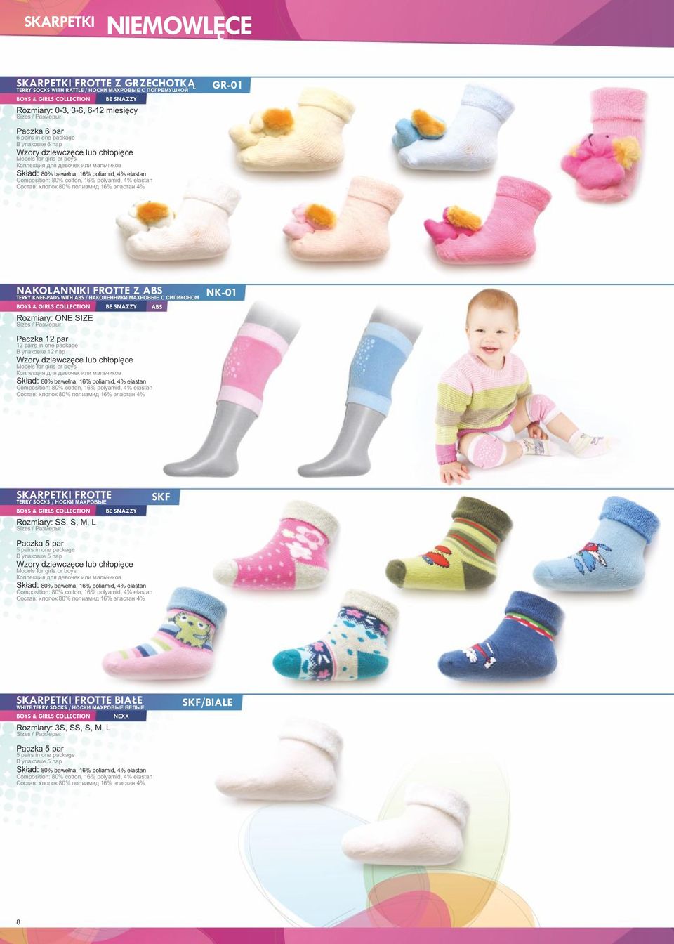 Models for girls or boys NK-01 SKARPETKI FROTTE TERRY SOCKS / НОСКИ МАХРОВЫЕ BOYS & Rozmiary: SS, S, M, L Paczka 5 par 5 pairs in one package В упаковке 5 пар Models for