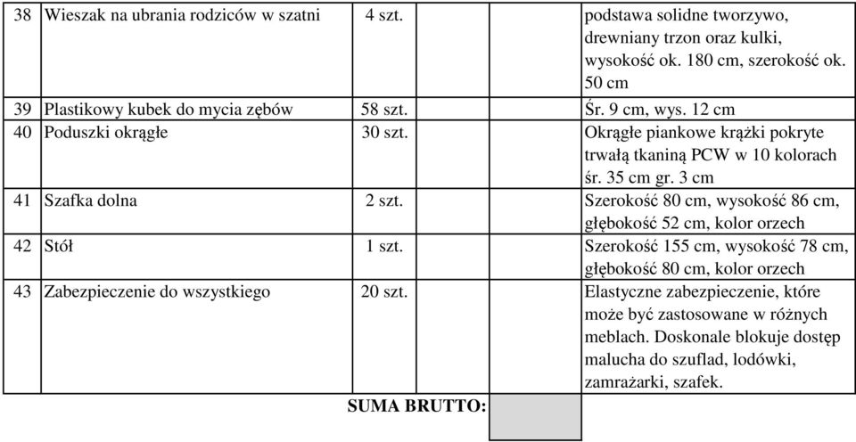 35 cm gr. 3 cm 41 Szafka dolna 2 szt. Szerokość 80 cm, wysokość 86 cm, głębokość 52 cm, kolor orzech 42 Stół 1 szt.