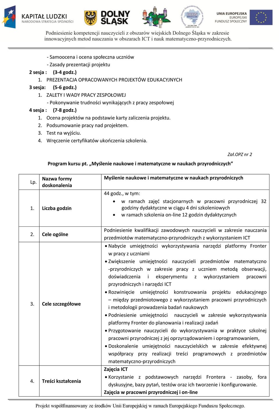 Myślenie naukowe i matematyczne w naukach przyrodniczych Zał.OPZ nr 2 Lp. Nazwa formy doskonalenia 1. Liczba godzin 2. Cele ogólne 3. Cele szczegółowe 4.