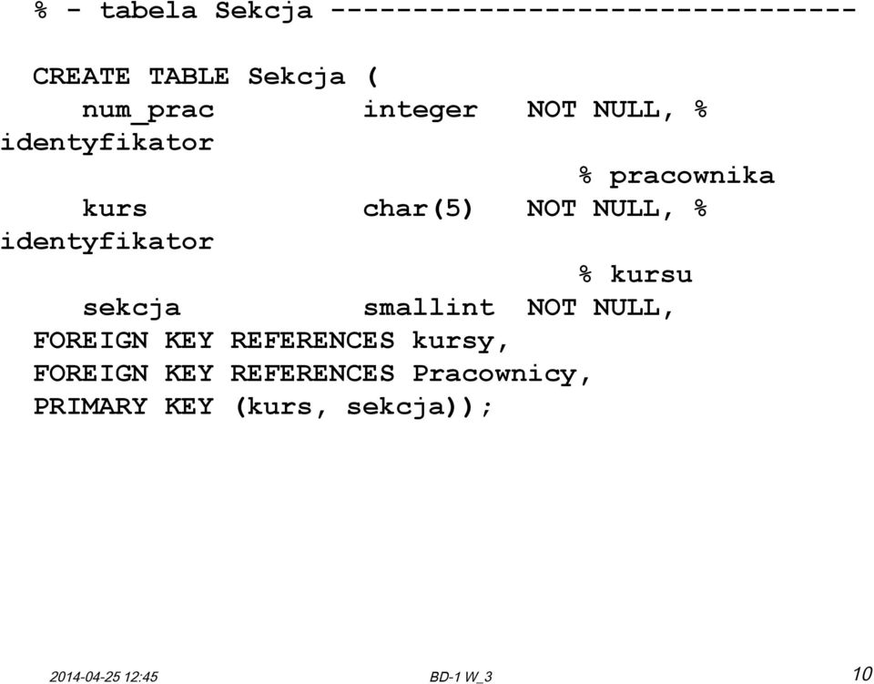 identyfikator % kursu sekcja smallint NOT NULL, FOREIGN KEY REFERENCES kursy,