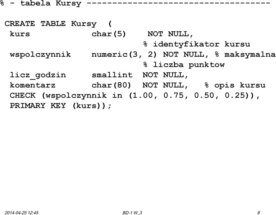 liczba punktow licz_godzin smallint NOT NULL, komentarz char(80) NOT NULL, % opis kursu
