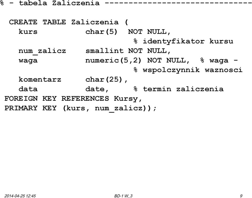 NOT NULL, % waga - % wspolczynnik waznosci komentarz char(25), data date, % termin