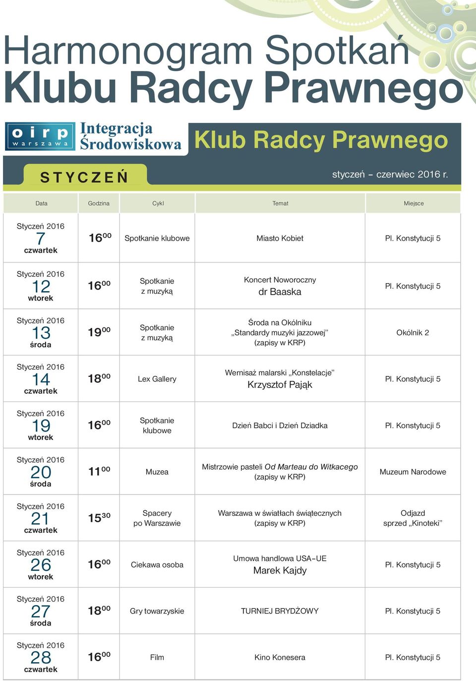 klubowe Dzień Babci i Dzień Dziadka 20 11 00 Muzea Mistrzowie pasteli Od Marteau do Witkacego Muzeum Narodowe 21 15 30 Spacery po Warszawie Warszawa w