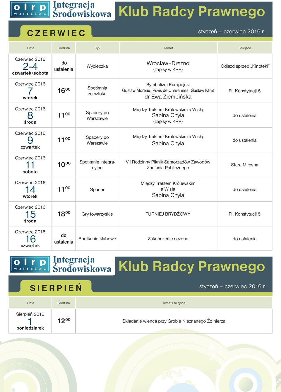 integracyjne VII Rodzinny Piknik Samorządów Zawodów Zaufania Publicznego Stara Miłosna 14 11 00 Spacer Między Traktem Królewskim a Wisłą Sabina Chyla 15 18 00 Gry towarzyskie TURNIEJ