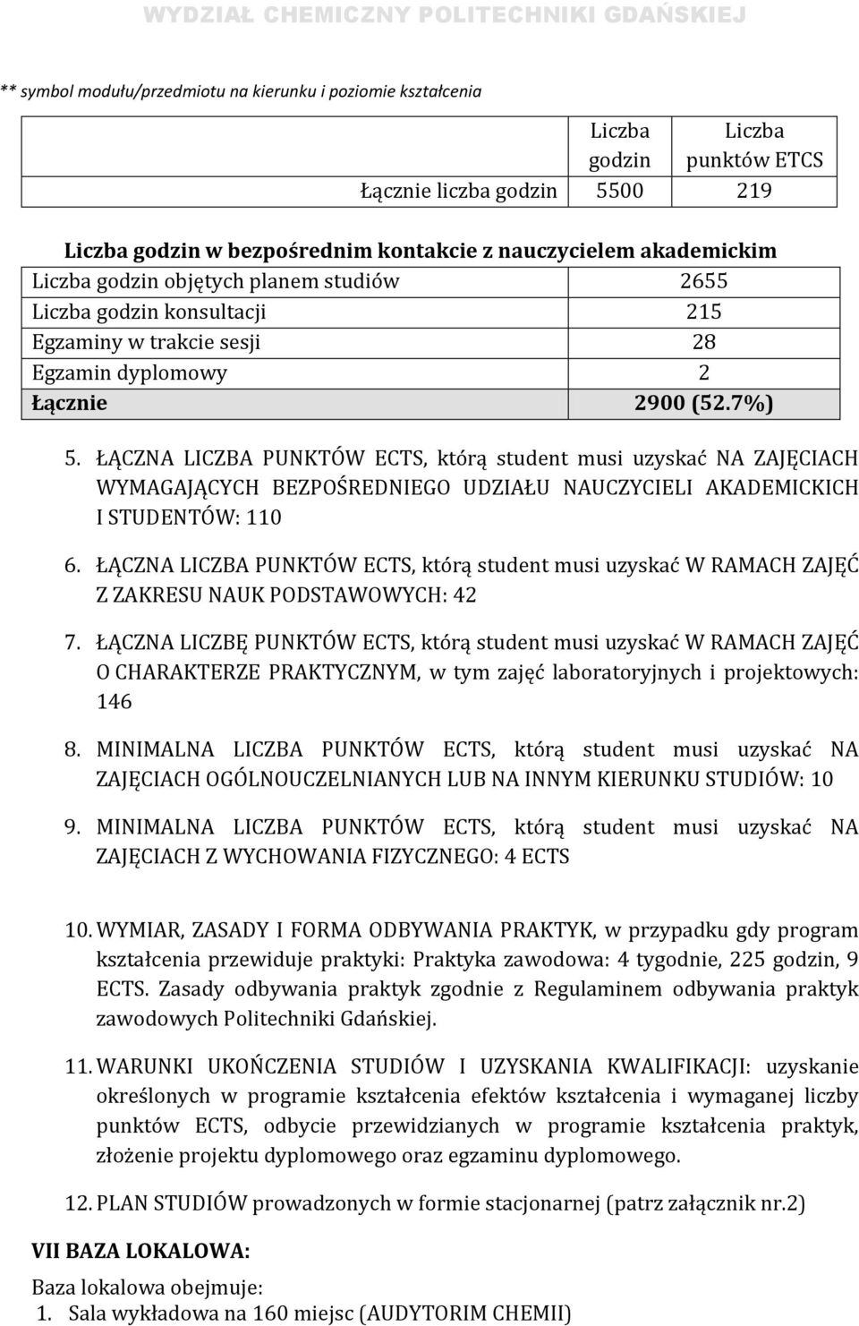 ŁĄCZNA LICZBA PUNKTÓW ECTS, którą student musi uzyskać NA ZAJĘCIACH WYMAGAJĄCYCH BEZPOŚREDNIEGO UDZIAŁU NAUCZYCIELI AKADEMICKICH I STUDENTÓW: 110 6.