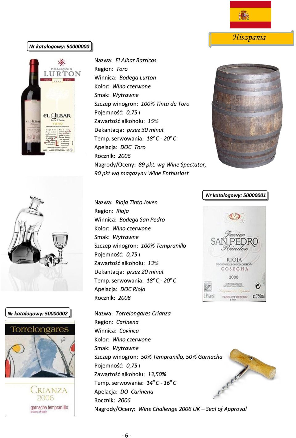 wg Wine Spectator, 90 pkt wg magazynu Wine Enthusiast Nazwa: Rioja Tinto Joven Region: Rioja Winnica: Bodega San Pedro Szczep winogron: 100% Tempranillo Dekantacja: przez 20 minut Temp.