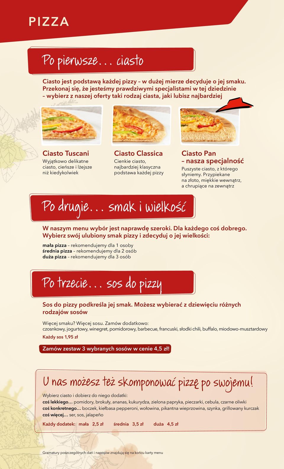 niż kiedykolwiek Ciasto Classica Cienkie ciasto, najbardziej klasyczna podstawa każdej pizzy Po drugie smak i wielkoêç Ciasto Pan nasza specjalność Puszyste ciasto, z którego słyniemy.