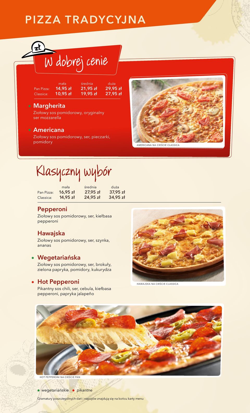 Ziołowy sos pomidorowy, ser, kiełbasa pepperoni Hawajska Ziołowy sos pomidorowy, ser, szynka, ananas Wegetariańska Ziołowy sos pomidorowy, ser, brokuły, zielona papryka, pomidory, kukurydza Hot