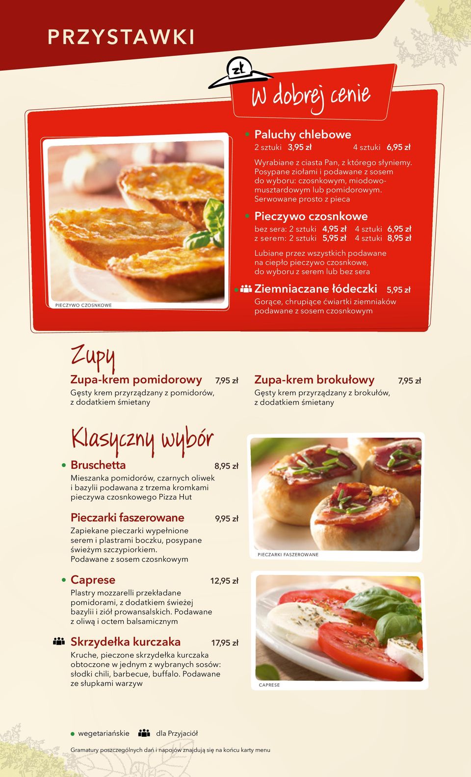 Serwowane prosto z pieca Pieczywo czosnkowe bez sera: 2 sztuki 4,95 zł z serem: 2 sztuki 5,95 zł 4 sztuki 6,95 zł 4 sztuki 8,95 zł Lubiane przez wszystkich podawane na ciepło pieczywo czosnkowe, do