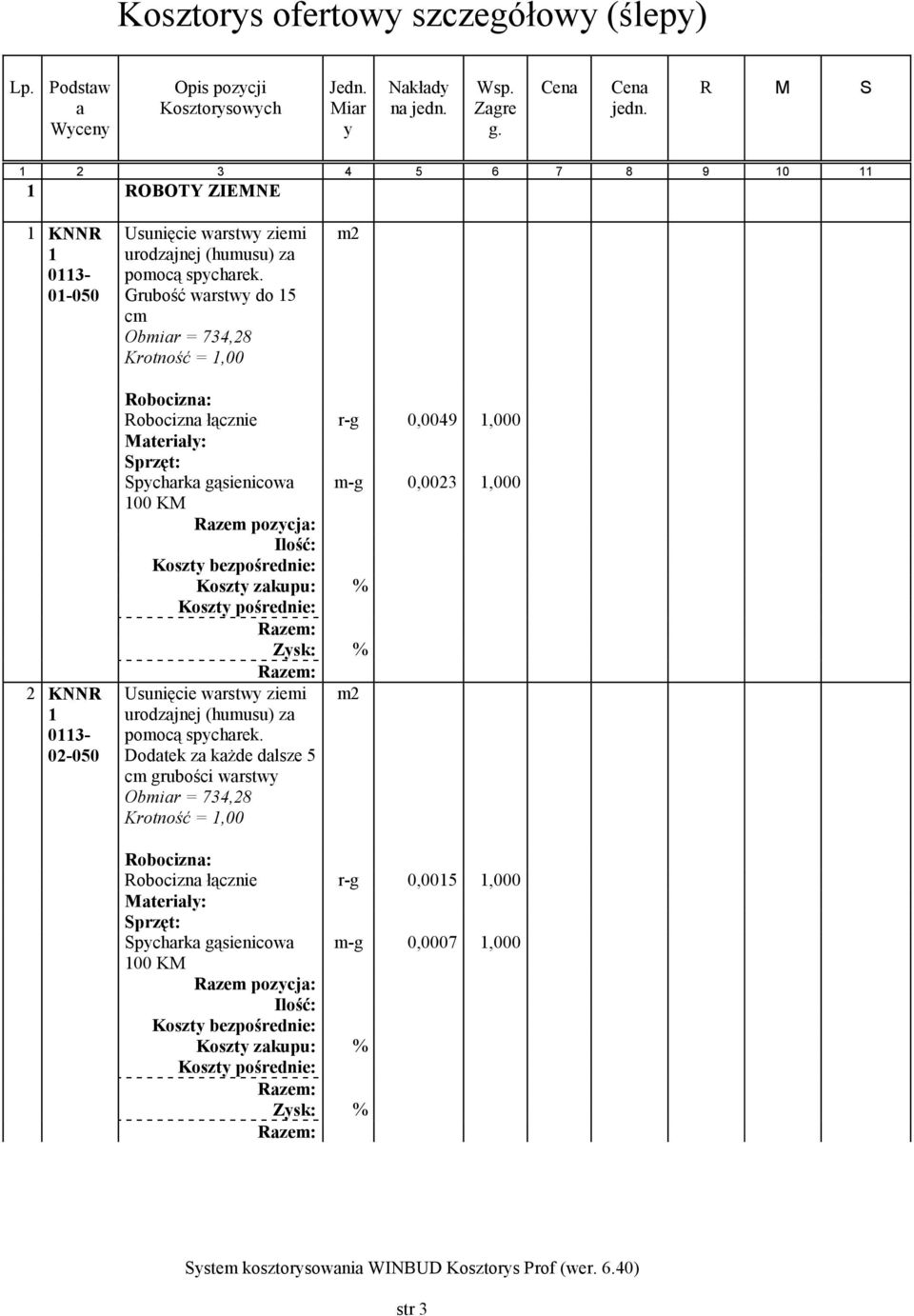 Grubość warstwy do 15 cm Obmiar = 734,8 m KNNR 1 0113-0-050 Robocizna łącznie r-g 0,0049 1,000 Spycharka gąsienicowa m-g 0,003 1,000 100 KM Usunięcie warstwy