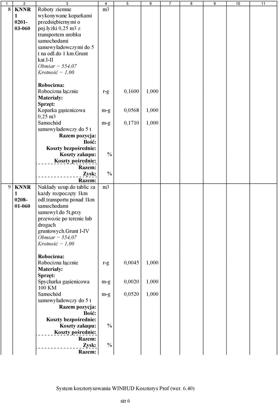 i-ii Obmiar = 554,07 m3 9 KNNR 1 008-01-060 Robocizna łącznie r-g 0,1600 1,000 Koparka gąsienicowa m-g 0,0568 1,000 0,5 m3 Samochód m-g 0,1710 1,000 samowyładowczy do 5