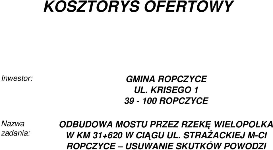 KRISEGO 1 39-100 ROPCZYCE ODBUDOWA MOSTU PRZEZ