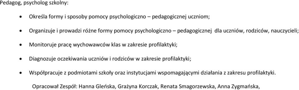 profilaktyki; Diagnozuje oczekiwania uczniów i rodziców w zakresie profilaktyki; Współpracuje z podmiotami szkoły oraz