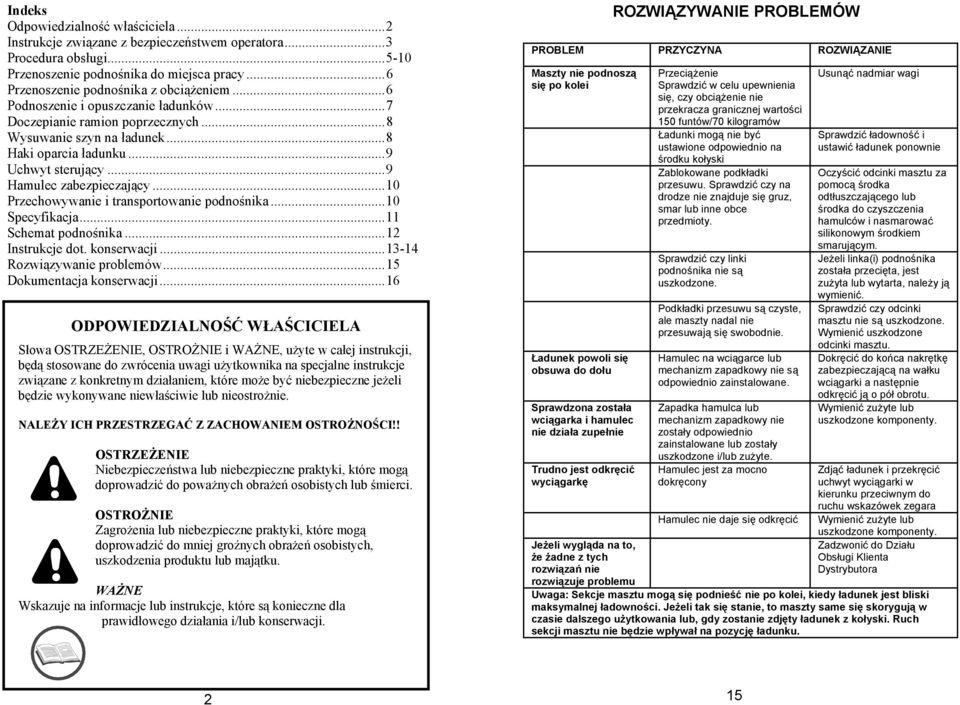 ..10 Przechowywanie i transportowanie podnośnika...10 Specyfikacja...11 Schemat podnośnika...12 Instrukcje dot. konserwacji...13-14 Rozwiązywanie problemów...15 Dokumentacja konserwacji.