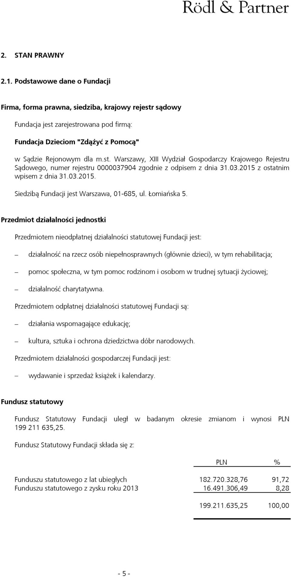 03.2015 z ostatnim wpisem z dnia 31.03.2015. Siedzibą Fundacji jest Warszawa, 01-685, ul. Łomiańska 5.