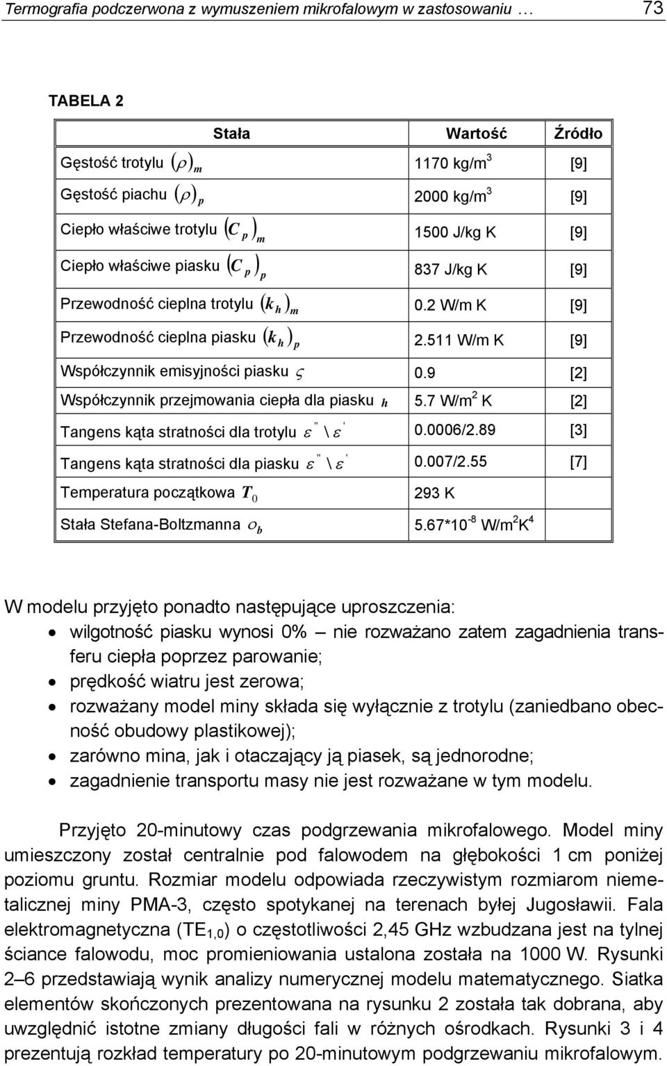 511 W/m K [9] Współczynnik emisyjności piasku ς 0.9 [2] Współczynnik przejmowania ciepła dla piasku h 5.7 W/m 2 K [2] '' ' Tangens kąta stratności dla trotylu ε \ ε 0.0006/2.