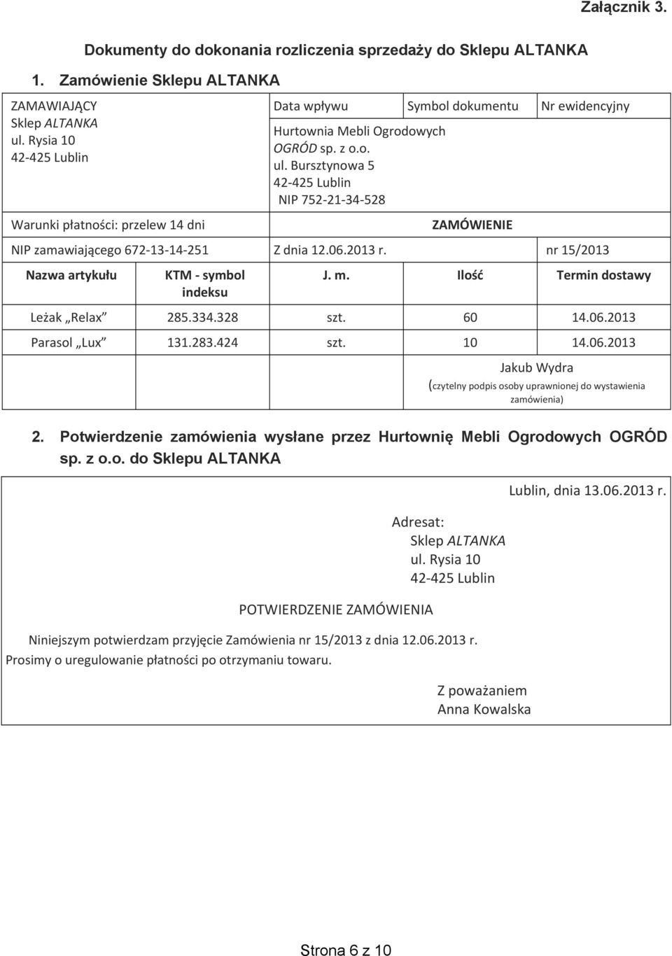 nr 15/2013 Nazwa artyku u KTM - symbol indeksu J. m. Ilo Termin dostawy Le ak Relax 285.334.328 szt. 60 14.06.2013 Parasol Lux 131.283.424 szt. 10 14.06.2013 Jakub Wydra (czytelny podpis osoby uprawnionej do wystawienia zamówienia) 2.