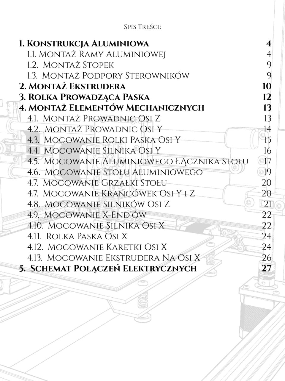 6. Mocowanie Stołu Aluminiowego 19 4.7. Mocowanie Grzałki Stołu 20 4.7. Mocowanie Krańcówek Osi Y i Z 20 4.8. Mocowanie Silników Osi Z 21 4.9. Mocowanie X-End ów 22 4.10.