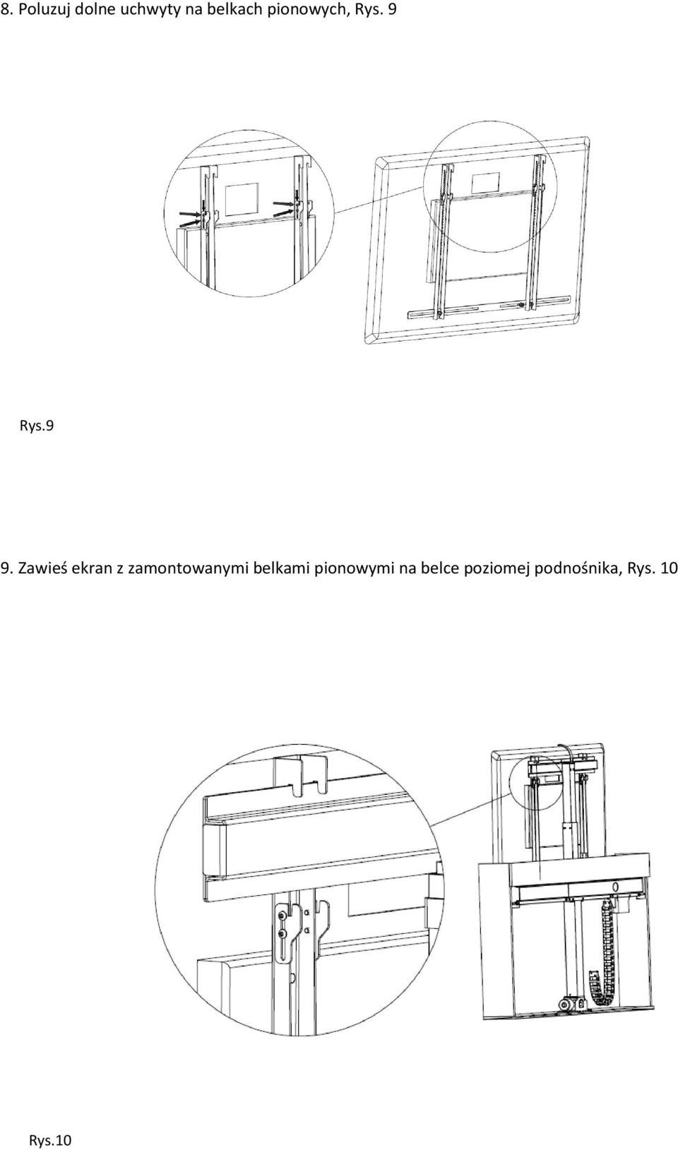 Zawieś ekran z zamontowanymi belkami