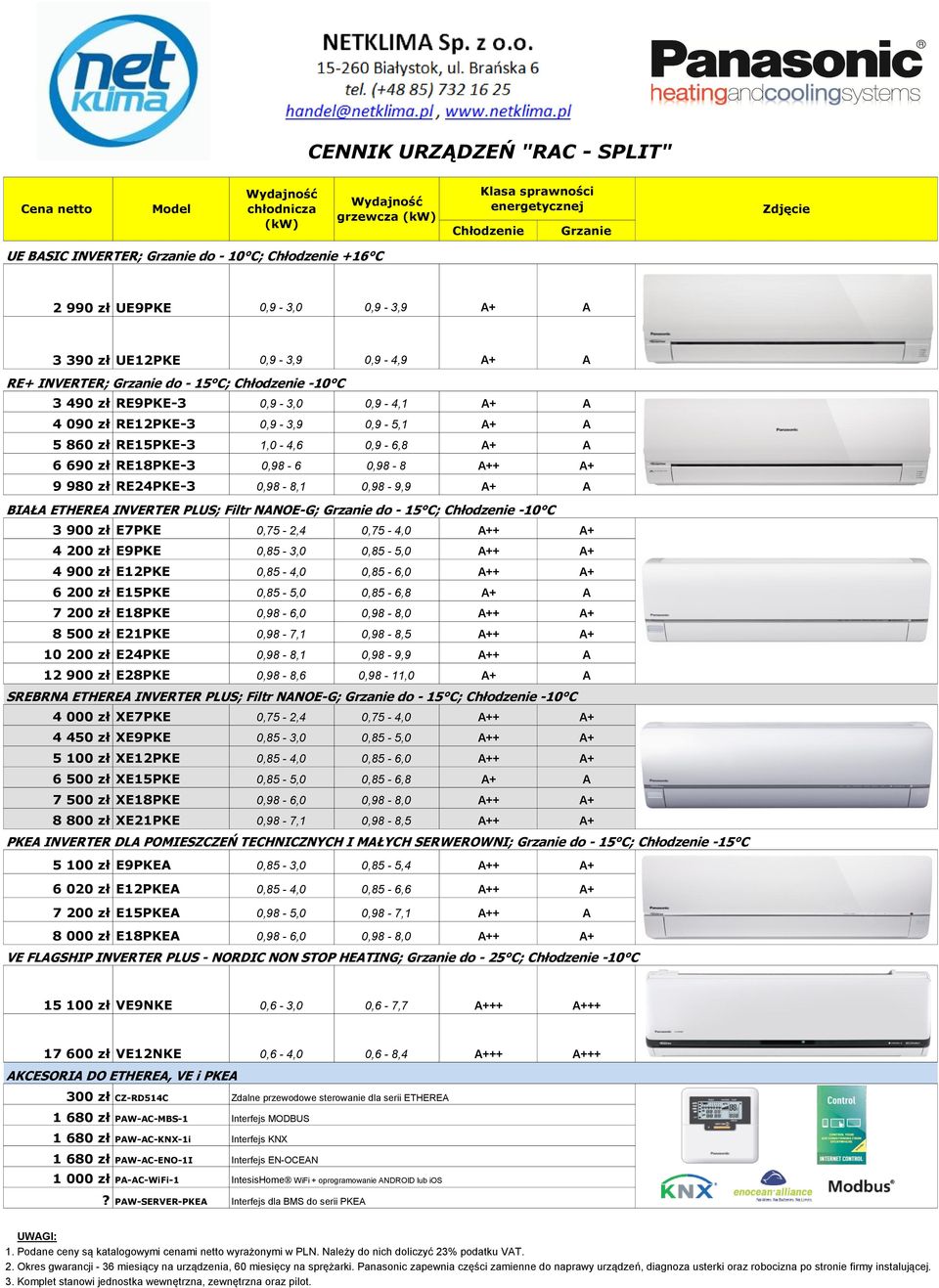 A 6 690 zł RE18PKE-3 0,98-6 0,98-8 A++ A+ 9 980 zł RE24PKE-3 0,98-8,1 0,98-9,9 A+ A BIAŁA ETHEREA INVERTER PLUS; Filtr NANOE-G; Grzanie do - 15 C; Chłodzenie -10 C 3 900 zł E7PKE 0,75-2,4 0,75-4,0