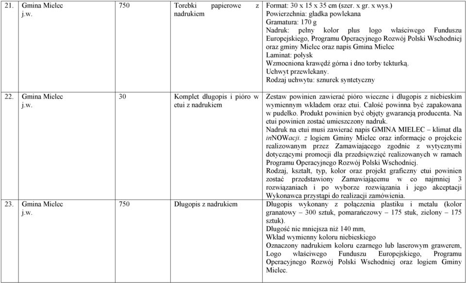 Mielec Laminat: połysk Wzmocniona krawędź górna i dno torby tekturką. Uchwyt przewlekany. Rodzaj uchwytu: sznurek syntetyczny 22. Gmina Mielec 23.