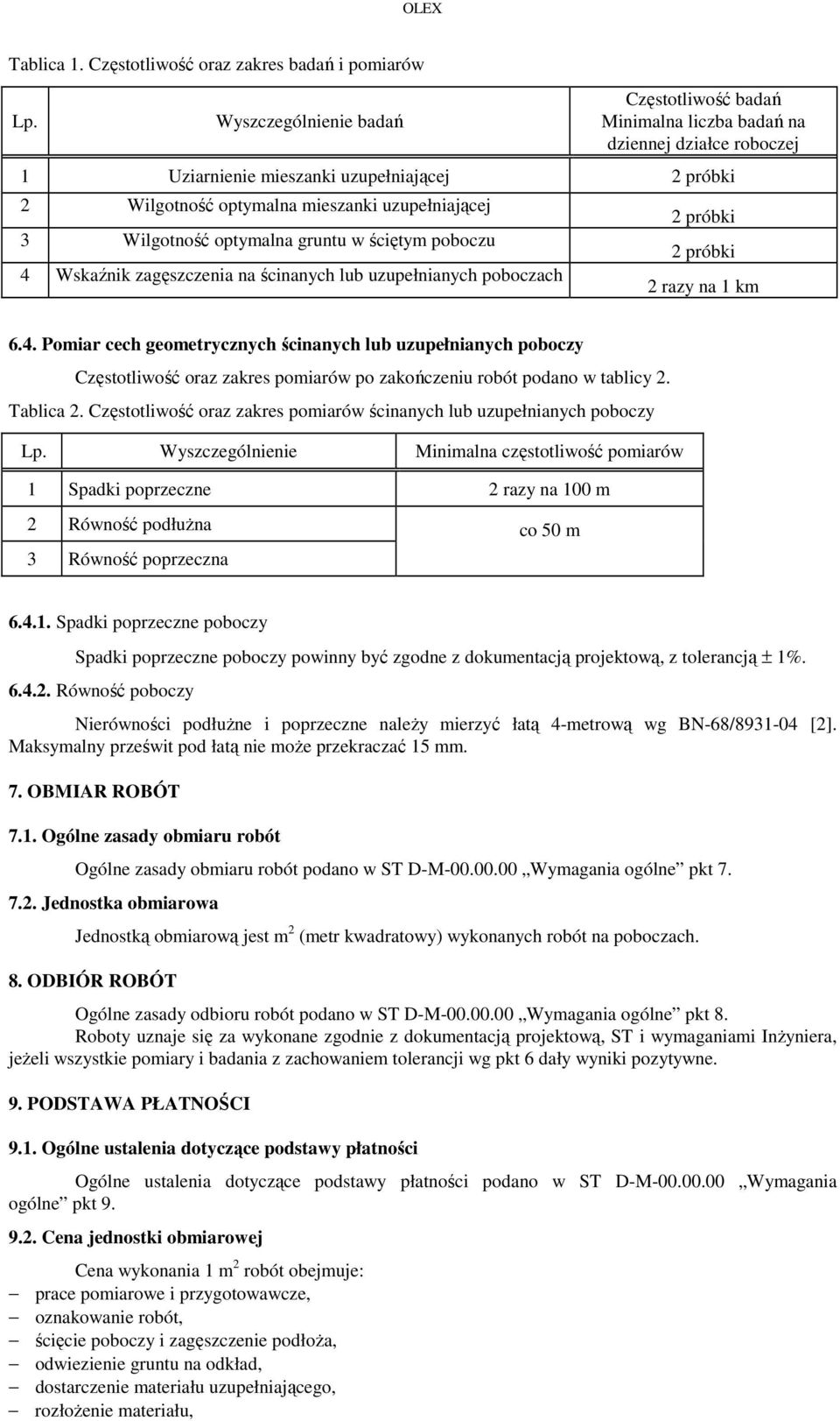 Wilgotność optymalna gruntu w ściętym poboczu 4 Wskaźnik zagęszczenia na ścinanych lub uzupełnianych poboczach 2 próbki 2 próbki 2 razy na 1 km 6.4. Pomiar cech geometrycznych ścinanych lub uzupełnianych poboczy Częstotliwość oraz zakres pomiarów po zakończeniu robót podano w tablicy 2.