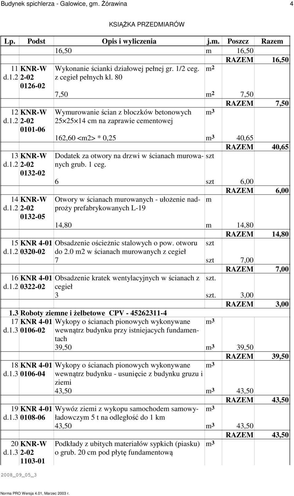 80 7,50 7,50 RAZEM 7,50 Wymurowanie ścian z bloczków betonowych 25 25 14 cm na zaprawie cementowej 162,60 <m2> * 0,25 40,65 RAZEM 40,65 Dodatek za otwory na drzwi w ścianach murowanych grub.