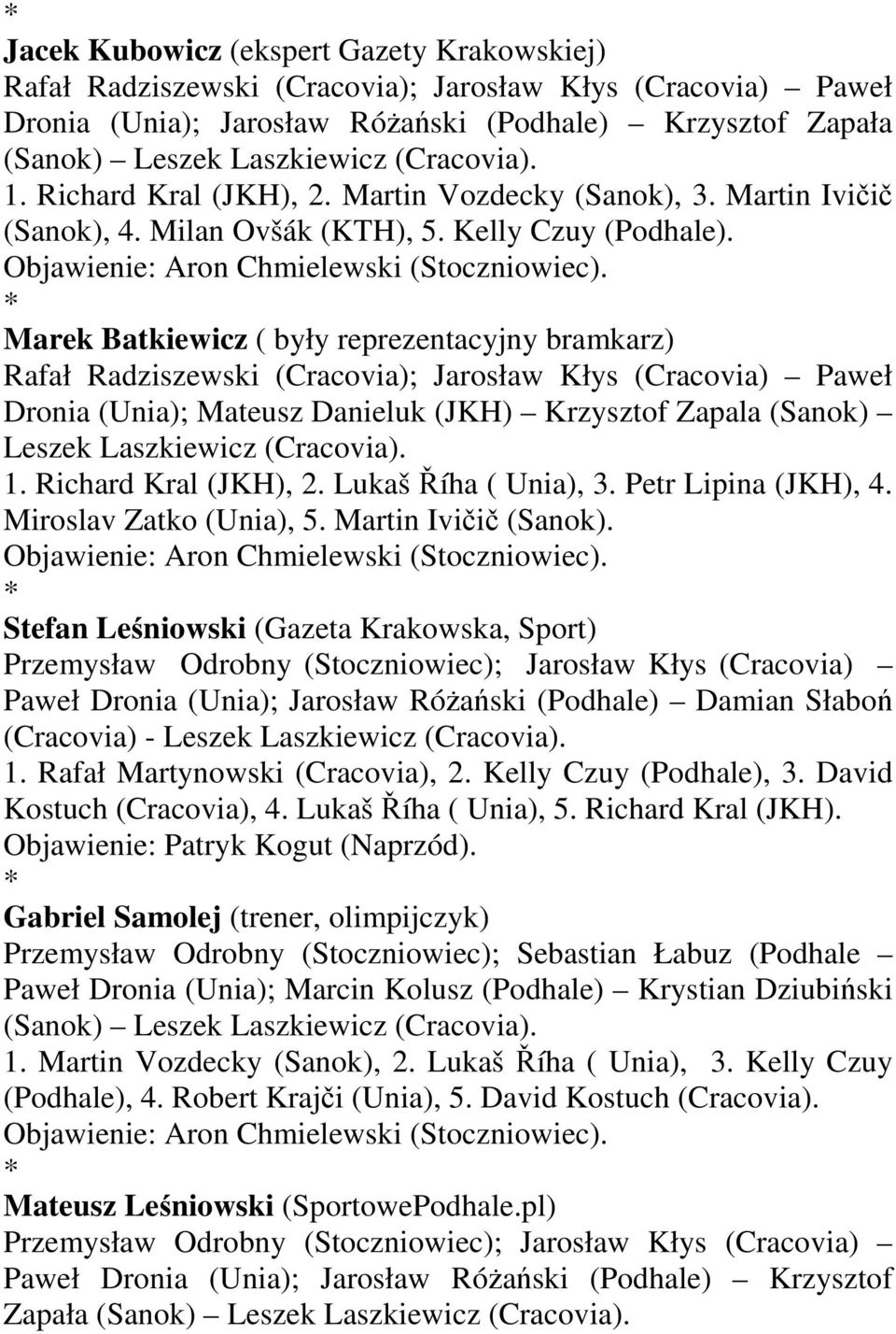 Marek Batkiewicz ( były reprezentacyjny bramkarz) Rafał Radziszewski (Cracovia); Jarosław Kłys (Cracovia) Paweł Dronia (Unia); Mateusz Danieluk (JKH) Krzysztof Zapala (Sanok) Leszek Laszkiewicz