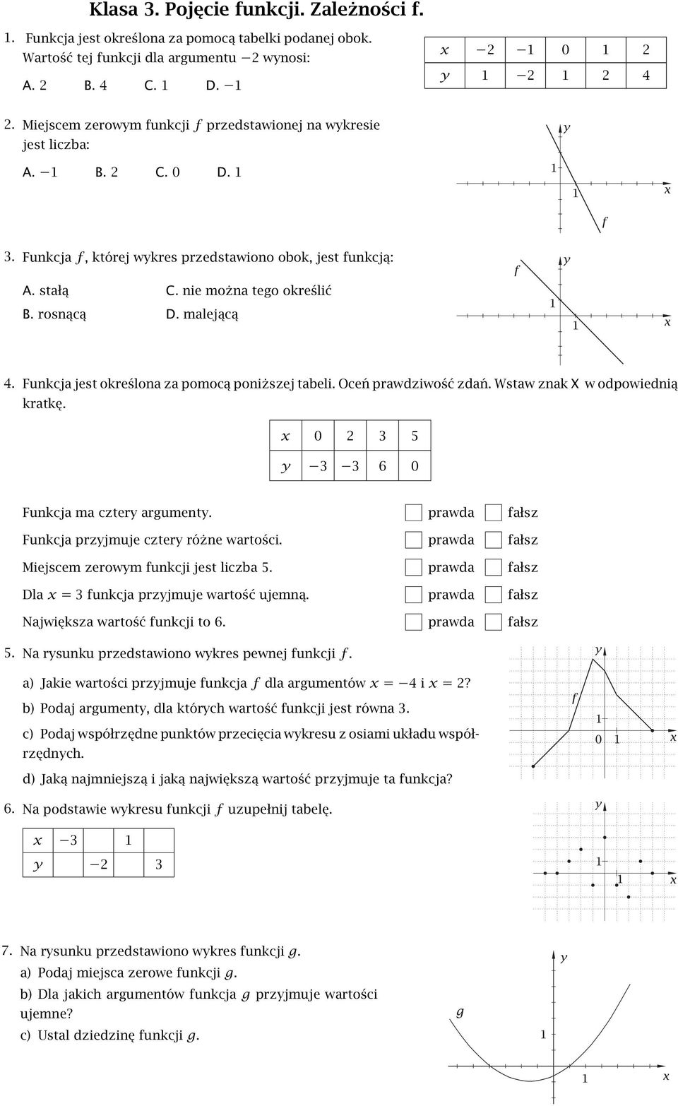 określona za pomocą poniższej tabeli Oceń prawdziwość zdań Wstaw znak X w odpowiednią kratkę x 0 2 3 5 y 3 3 6 0 Funkcja ma cztery argumenty Funkcja przyjmuje cztery różne wartości Miejscem zerowym
