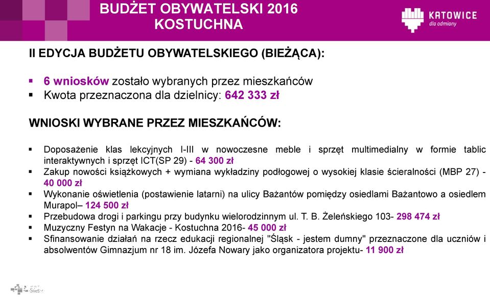 = ponad 100 000* WNIOSKI WYBRANE PRZEZ MIESZKAŃCÓW: Doposażenie klas lekcyjnych I-III w nowoczesne meble i sprzęt multimedialny w formie tablic interaktywnych i sprzęt ICT(SP 29) - 64 300 zł Zakup