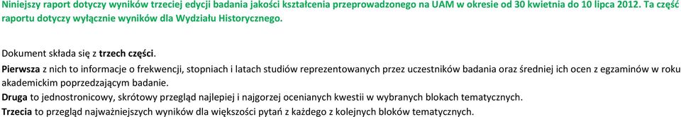 Pierwsza z nih to informaje o frekwenji, stopniah i latah studiów reprezentowanyh przez uzestników badania oraz średniej ih oen z egzaminów w roku akademikim