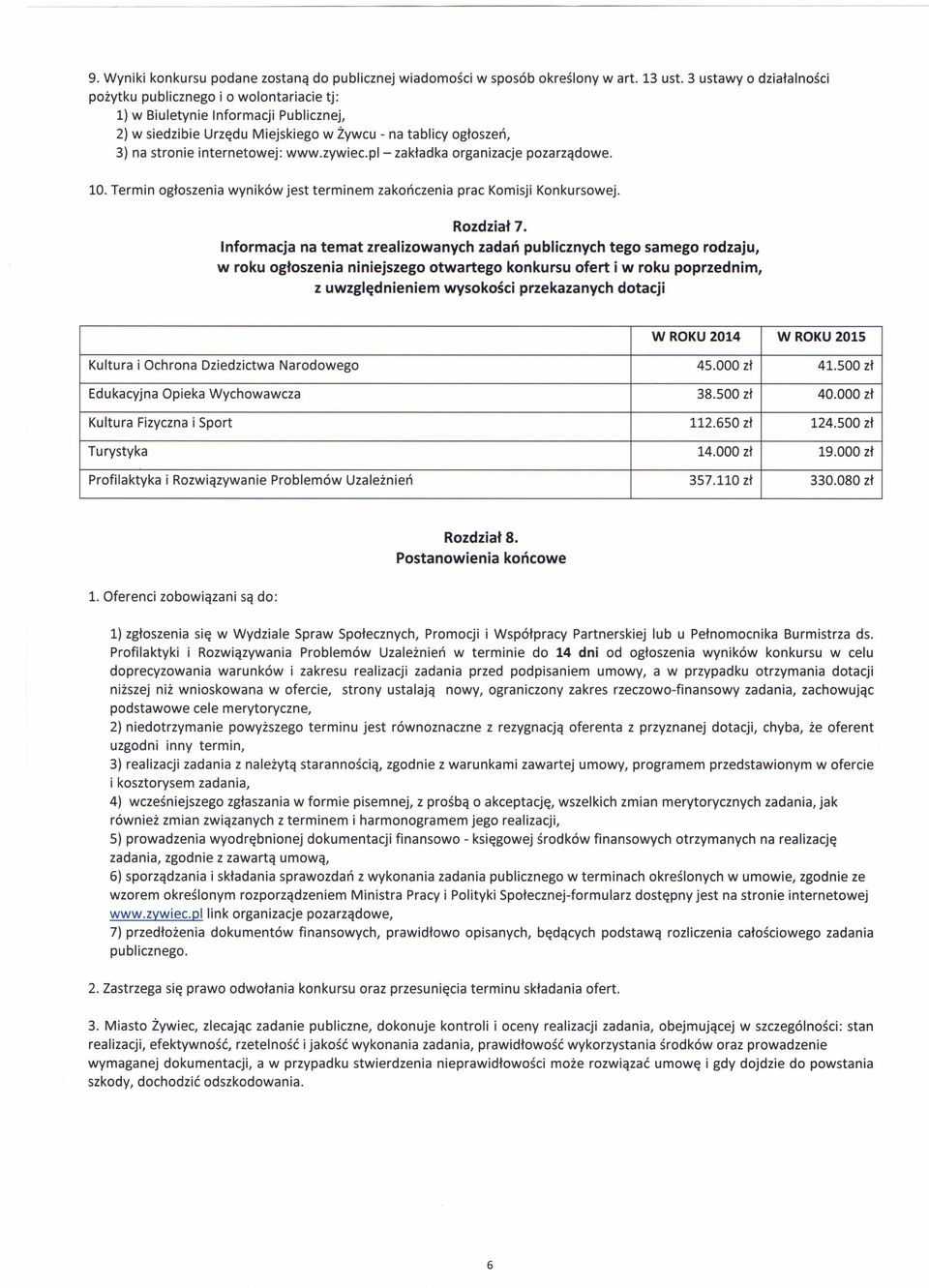 www.zywiec.pl- zakładka organizacje pozarządowe. 10. Termin ogłoszenia wyników jest terminem zakończenia prac Komisji Konkursowej. Rozdział 7.