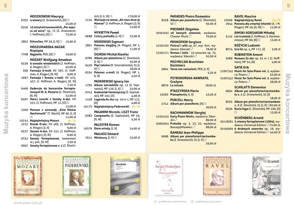 Rieger), 4 560 Fantazja d-moll, KV 397, (J. Hoffman, A. Rieger), 6,00 zł 1697 Fantazja i Sonata c-moll, KV 475, 457, (J. Hoffman, A. Rieger), 7,50 zł 6466 Kadencje do koncertów fortepianowych W. A. Mozarta (Z.