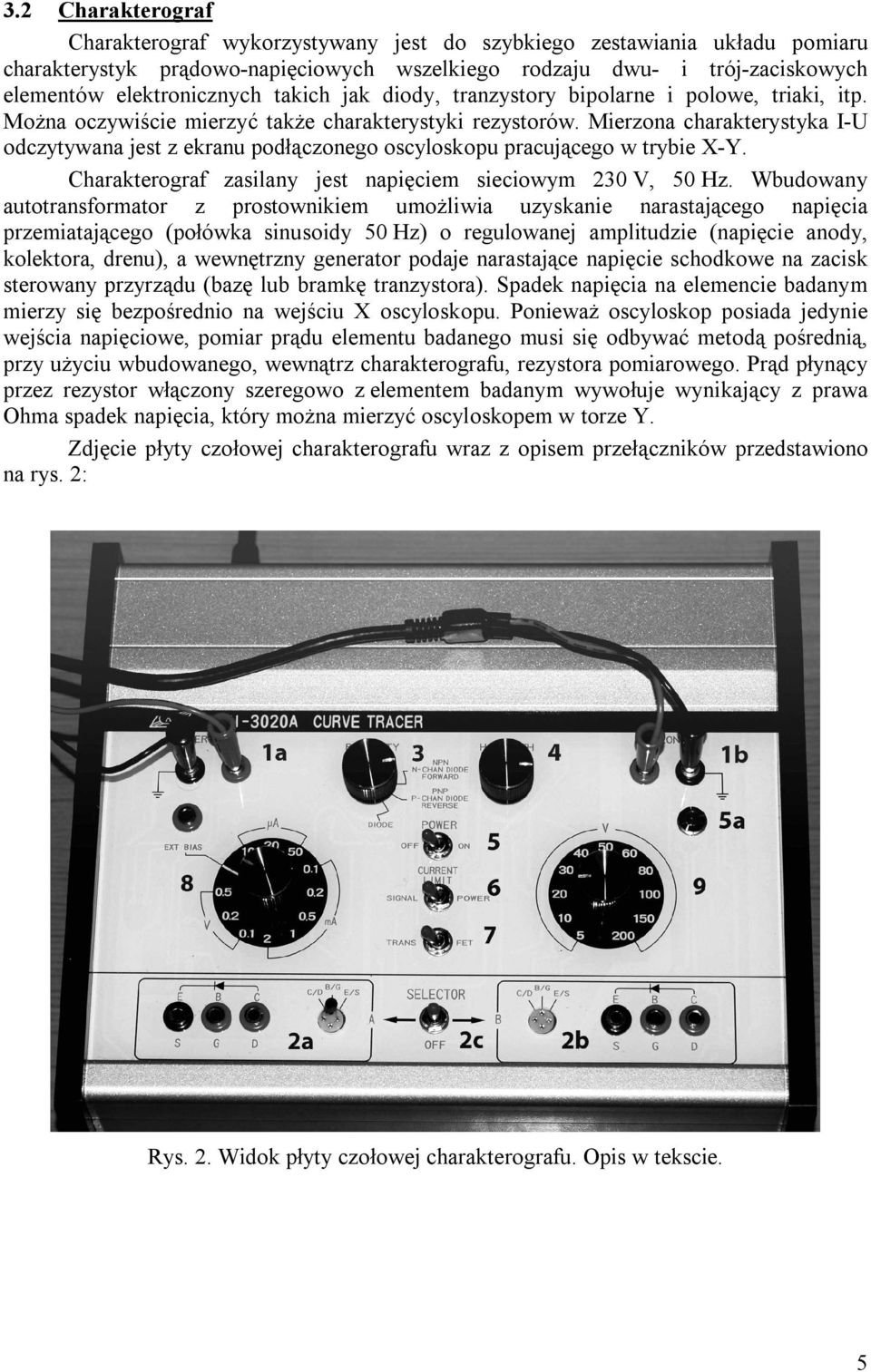 Mierzona charakterystyka I-U odczytywana jest z ekranu podłączonego oscyloskopu pracującego w trybie X-Y. Charakterograf zasilany jest napięciem sieciowym 230 V, 50 Hz.