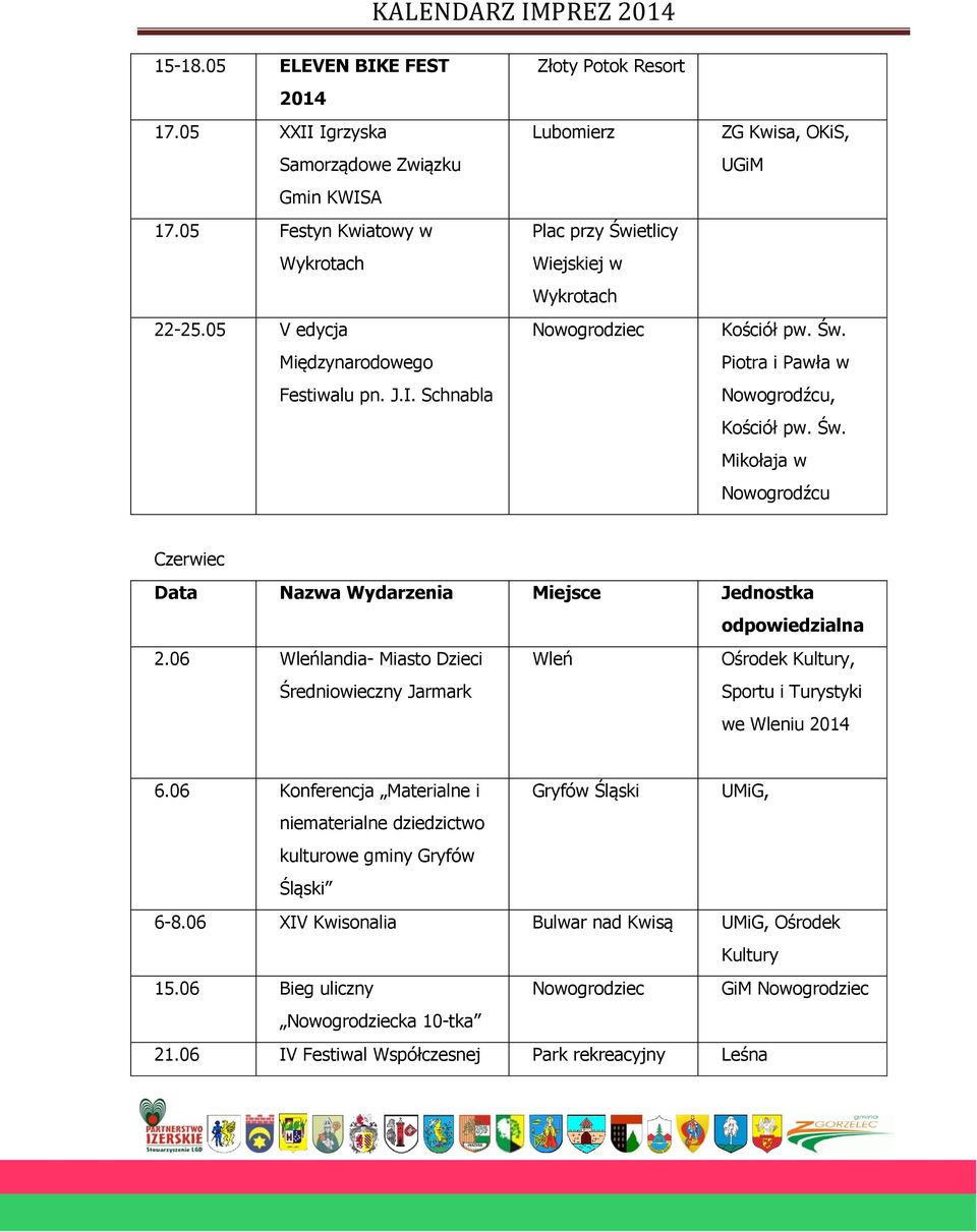 06 Konferencja Materialne i Gryfów Śląski UMiG, niematerialne dziedzictwo kulturowe gminy Gryfów Śląski 6-8.06 XIV Kwisonalia Bulwar nad Kwisą UMiG, Ośrodek Kultury 15.