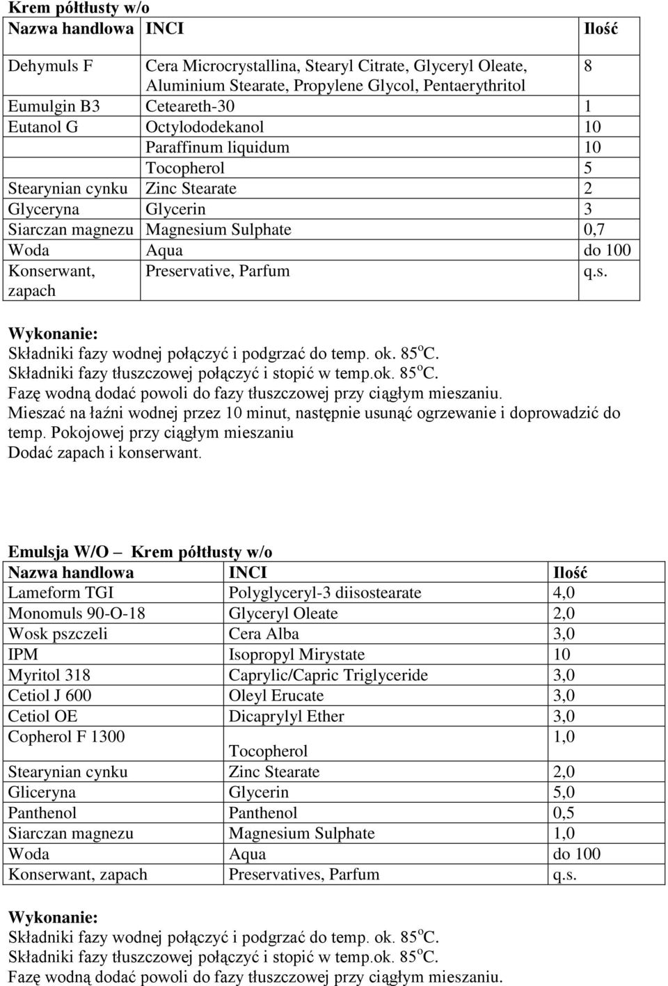 Preservative, Parfum Wykonanie: Składniki fazy wodnej połączyć i podgrzać do temp. ok. 85 o C. Składniki fazy tłuszczowej połączyć i stopić w temp.ok. 85 o C. Fazę wodną dodać powoli do fazy tłuszczowej przy ciągłym mieszaniu.