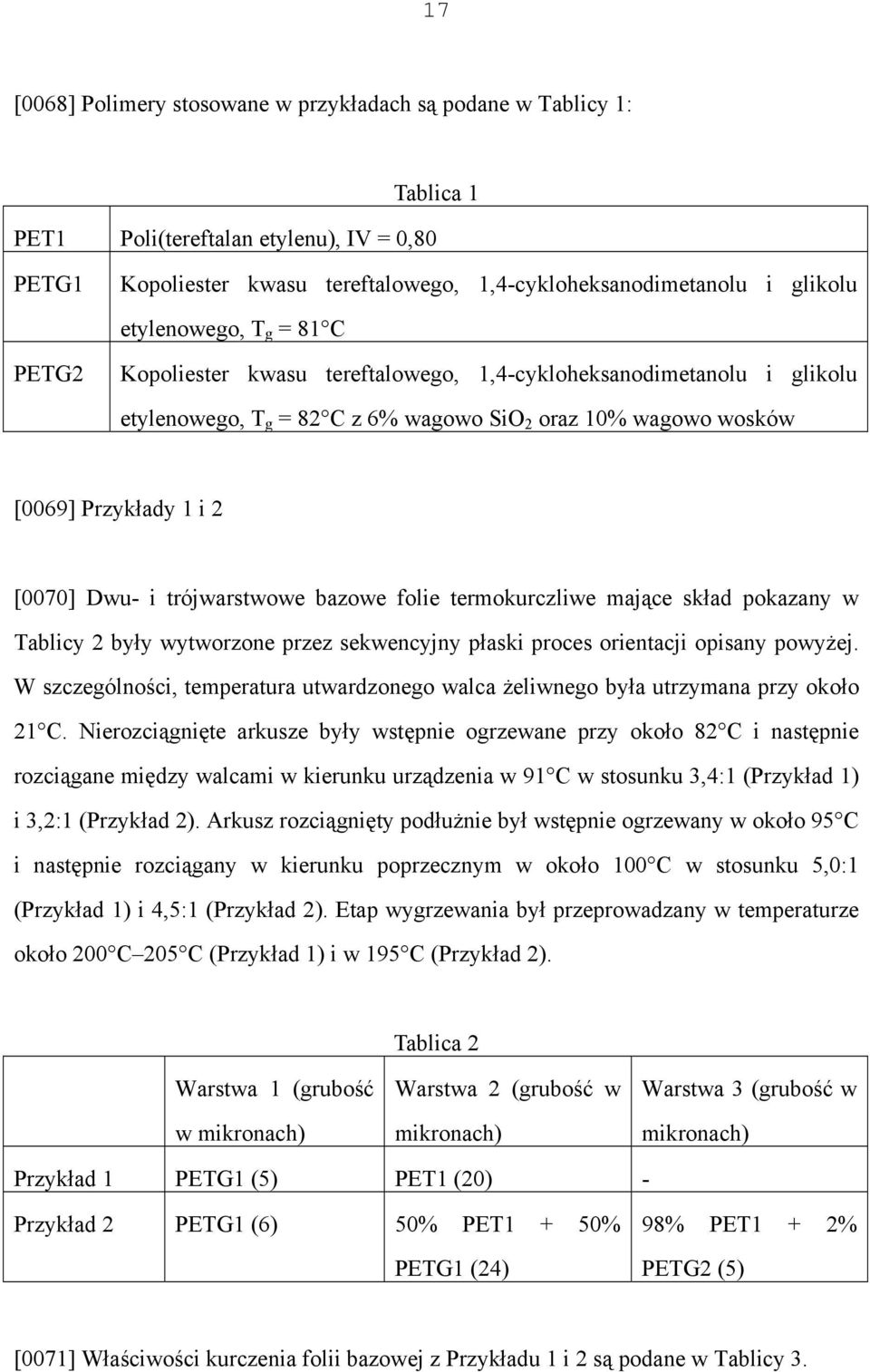 i trójwarstwowe bazowe folie termokurczliwe mające skład pokazany w Tablicy 2 były wytworzone przez sekwencyjny płaski proces orientacji opisany powyżej.
