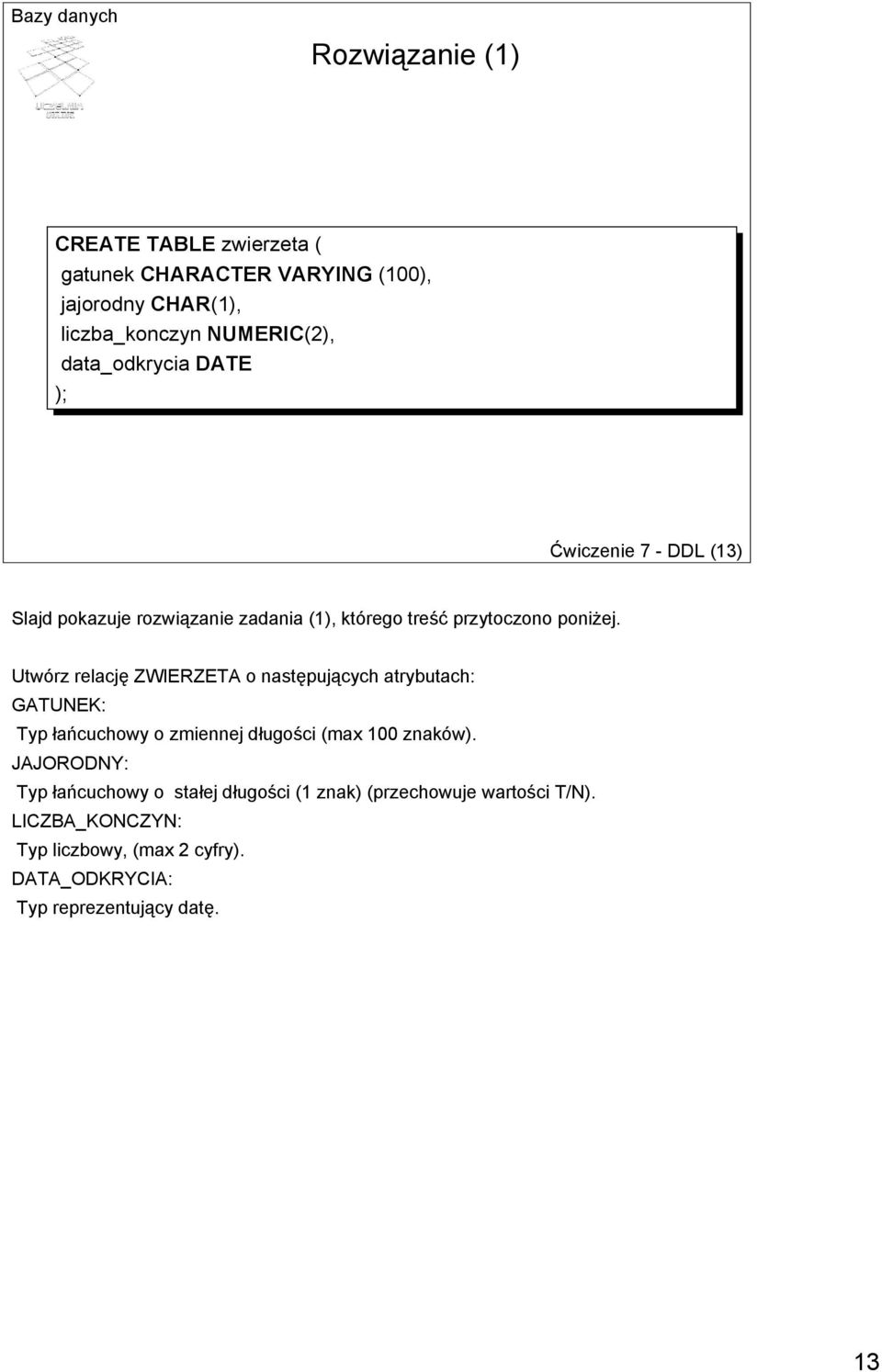 Utwórz relację ZWIERZETA o następujących atrybutach: GATUNEK: Typ łańcuchowy o zmiennej długości (max 100 znaków).