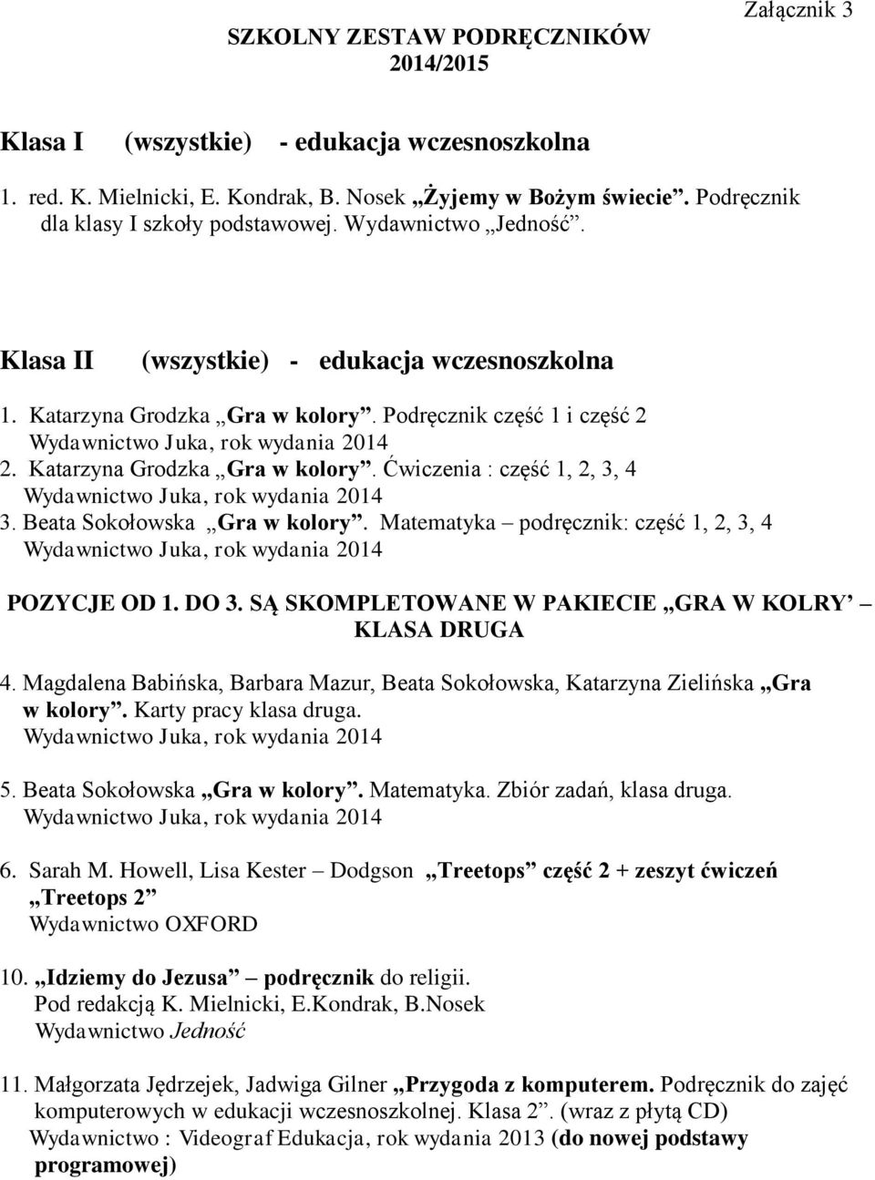 Katarzyna Grodzka Gra w kolory. Ćwiczenia : część 1, 2, 3, 4 Juka, 2014 3. Beata Sokołowska Gra w kolory. Matematyka podręcznik: część 1, 2, 3, 4 Juka, 2014 POZYCJE OD 1. DO 3.