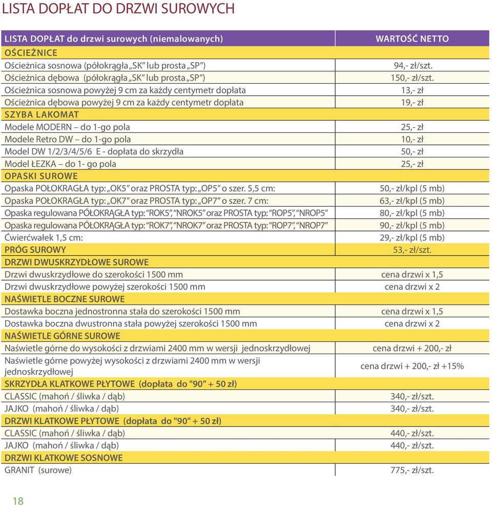 Ościeżnica sosnowa powyżej 9 cm za każdy centymetr dopłata 13,- zł Ościeżnica dębowa powyżej 9 cm za każdy centymetr dopłata 19,- zł SZYBA LAKOMAT Modele MODERN do 1-go pola 25,- zł Modele Retro DW